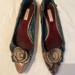 Marc Jacobs Green and Brown Snakeskin Flats with Floral Accent